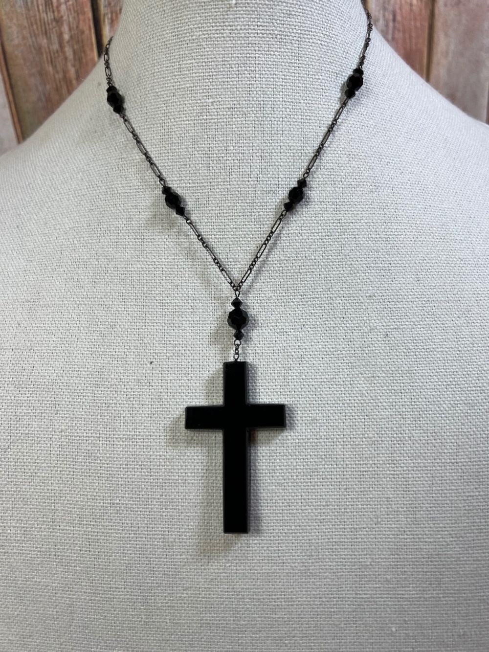 Vintage Onyx Cross Necklace On Sterling Silver Chain